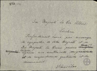 Τηλεγράφημα του Ε.Βενιζέλου προς τον Albert με το οποίο τον ευχαριστεί για το μήνυμα συμπάθειας για την διάσωσή του από την εναντίον του απόπειρα δολοφονίας.