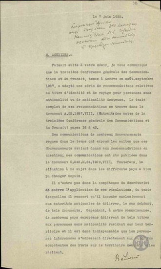Υπόμνημα του R.Lunai προς τον Θ.Αγνίδη σχετικά με  τις αποφάσεις της 3ης Συνδιάσκεψης της Κοινωνίας των Εθνών για τα ταξίδια των προσώπων που δεν έχουν υπηκοότητα ή αμφίβολη υπηκοότητα.