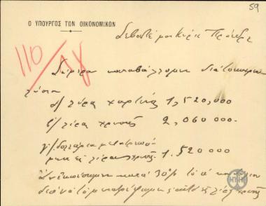 Επιστολή του Υπουργού Οικονομικών Γ.Καφαντάρη προς τον Ε.Βενιζέλο με την οποία τον ενημερώνει για τα ποσά που καταβλήθηκαν για την πληρωμή των τοκοχρεωλυσίων.