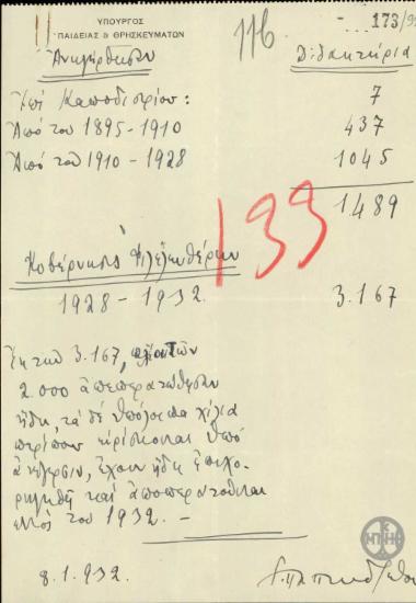 Σημείωμα του Γ.Παπανδρέου σχετικά με τον αριθμό των διδακτηρίων που ανεγέρθηκαν επί κυβερνήσεως Καποδιστρίου και επί των κυβερνήσεων Φιλελευθέρων.