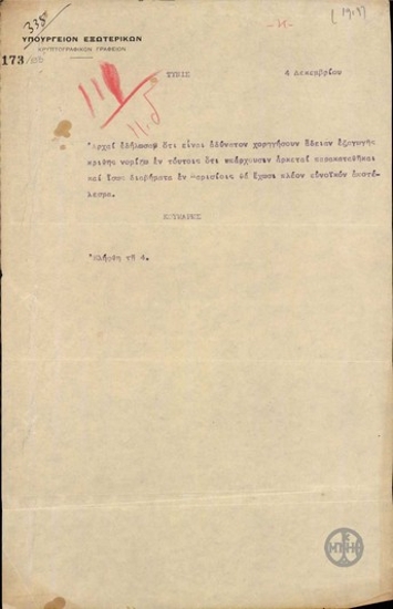 Telegram from P. Koumaris to the Ministry of Foreign Affairs regarding the refusal of the authorities to issue a permit for the export of barley.