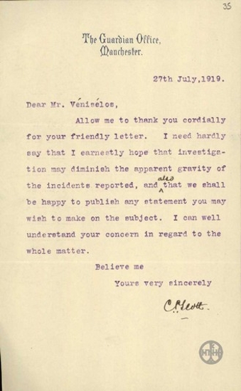 Επιστολή του εκδότη της Manchester Guardian, P.C.Scott, προς τον Ε.Βενιζέλο με την οποία του εκφράζει την ευχή η έρευνα που θα γίνει να μικρύνει τη βαρύτητα των γεγονότων, δηλώνοντάς του παράλληλα και την πρόθεσή του να δημοσιεύσει οποιαδήποτε δήλωσή του επί του θέματος.