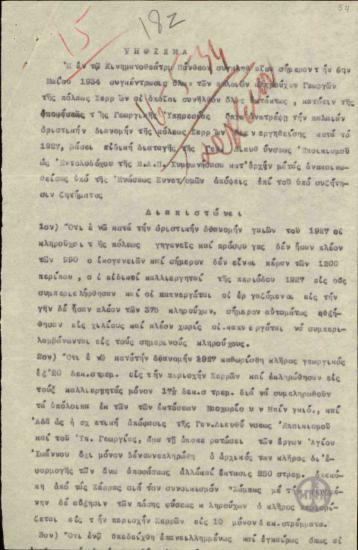 Ψήφισμα των παλαιών κληρούχων γεωργών της πόλης Σερρών σχετικά με την απόφαση της Γεωργικής Υπηρεσίας να αποτρέψει την παλιά οριστική διανομή των γαιών που διενεργήθηκε το 1927.