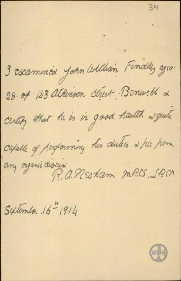 Σημείωμα του R.A. Nesham με το οποίο ενημερώνει ότι, κατόπιν εξέτασής του, ο John William Findlay βρέθηκε καλά στην υγεία του και ότι είναι ικανός να αναλάβει τα καθήκοντά του.