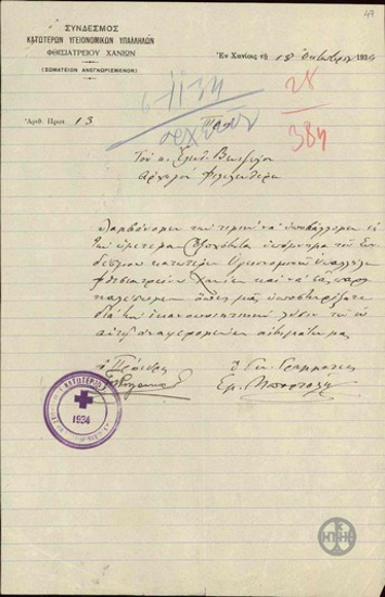 Επιστολή του Συνδέσμου Κατωτέρων Υγειονομικών Υπαλλήλων Φθισιατρείου Χανίων προς τον Ε. Βενιζέλο με την οποία του αποστέλλει υπόμνημά τους ζητώντας να τους υποστηρίξει στην ικανοποίηση των αιτημάτων τους.