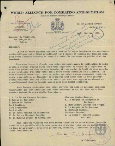 Επιστολή του Προέδρου της Ένωσης προς Καταπολέμηση του Αντισιμιτισμού προς τον Ε. Βενιζέλο με την οποία του ζητεί να τον συμπεριλάβουν ως μέλος στην επίτιμη επιτροπή της Ένωσης.