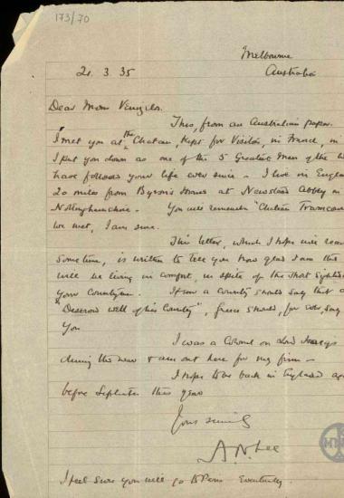 Επιστολή του A.N. Lee προς τον Ε. Βενιζέλο φιλικού χαρακτήρα με την οποία του αποστέλλει απόκομμα εφημερίδας σχετικά με την περιουσία της Έλενας Βενιζέλου.