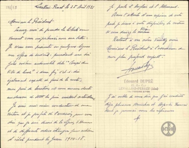 Επιστολή του Edouard Dupre προς τον Ε. Βενιζέλο με την οποία του προτείνει την ενοικίαση του αυτοκινήτου του για τις μετακινήσεις του.