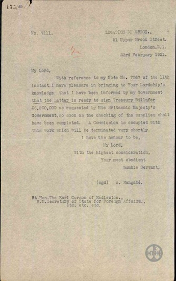 Letter from A. Ragavis to Curzon regarding the signing of an account by the Greek Government.