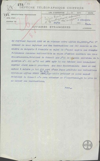 Τηλεγράφημα περί διαπραγμάτευσης με τη βουλγαρική κυβέρνηση.