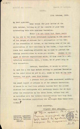 Letter from Eric Drummond to T. Agnidis regarding the role of the Council of the League of Nations in the evacuation of Eastern Thrace.