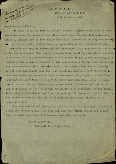 Επιστολή του Harold Nicolson προς τον Κόλλα σχετικά με τις διαπραγματεύσεις για το ζήτημα των Δωδεκανήσων.