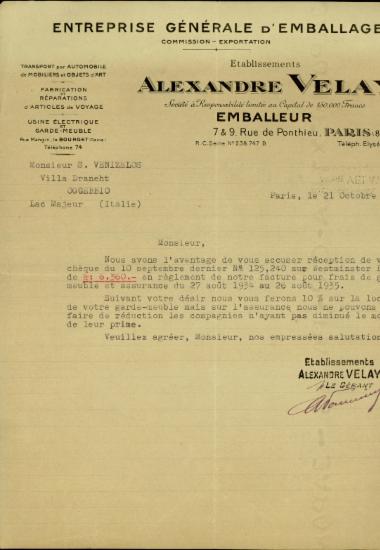 Επιστολή του Alexandre Velay προς τον Σοφοκλή Βενιζέλο σχετικά με την αποθήκευση και ασφάλεια των επίπλων του, που καλύπτει η εταιρεία του απστολέα.