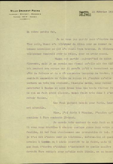 Επιστολή του Εμμανουήλ Ζερβουδάκη προς την Kathleen Βενιζέλου σχετικά με προσωπικά και οικογενειακά ζητήματα.