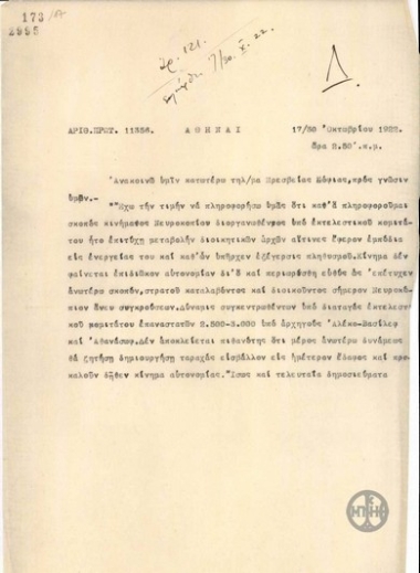 Τηλεγράφημα σχετικά με το κίνημα του Νευροκοπίου.