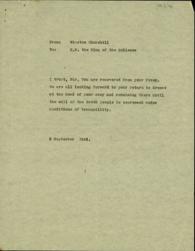 Τηλεγράφημα του Winston Churchill προς τον Βασιλά των Ελλήνων σχετικά με την επιστροφή του στην Ελλάδα.