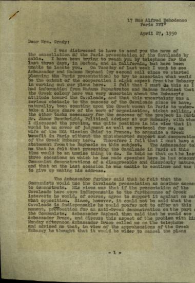 Επιστολή της Mary Bingham προς την κα Grady σχετικά με τη ματαίωση εκδήλωσης που ήθελε να πραγματοποιήσει στο Παρίσι εξαιτίας του φόβου αντιδράσεων από κομμουνιστές.