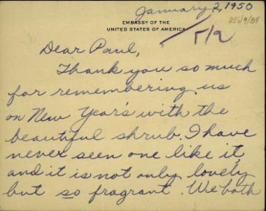 Επιστολή της Betty Jane Peurifoy προς τον Π. Βαρδινογιάννη με ευχαριστίες και ευχές για το νέο έτος 1951.