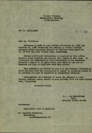 Επιστολή του επικεφαλής της External Claims Branch K. A. de Keyserlingk προς τον Δημήτριο Μουχλία σχετικά με οικονομικές συναλλαγές.