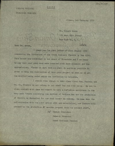 Επιστολή του γενικού διευθυντή του Ελληνικού Εθνικού Θεάτρου, Γεωργίου Θεοτοκά, προς τον Robert Breen σχετικά με την πρόσκληση της ANTA.