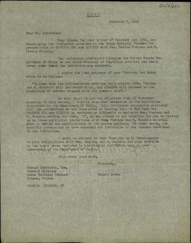Επιστολή του Robert Breen προς τον Γενικό Διευθυντή του Εθνικού Θεάτρου,  Γ. Θεοτοκά, σχετικά με το ζήτημα της πρόσκλησης του Εθνικού Θεάτρου στην Αμερική.