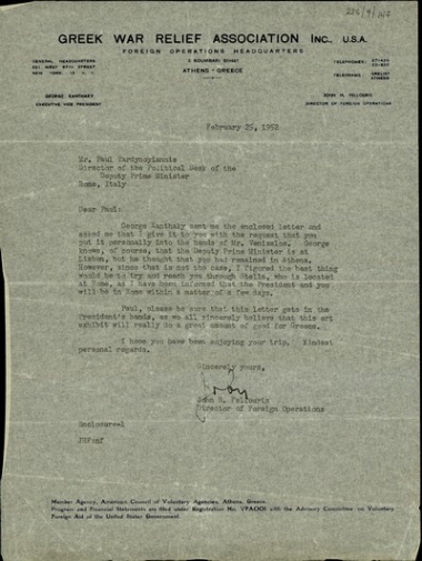 Επιστολή του διευθυντή των Εξωτερικών Υποθέσεων του Greek War Relief Association Inc., John H. Fellouris, προς τον Π. Βαρδινογιάννη με την οποία του αποστέλλει επιστολή του Γ. Ξανθάκη απευθυνόμενη προς τον Σ. Βενιζέλο σχετικά με μια έκθεση τέχνης.