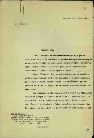 Επιστολή του Ισμέτ Ινονού προς τον Ρ. Πουανκαρέ σχετικά με τις τροποποιήσεις στο σχέδιο της Συνθήκης Ειρήνης και τις συμφωνίες (συμβάσεις) που υποβλήθηκαν από την τουρκική αντιπροσωπεία στις αντιπροσωπείες των Μεγάλων Δυνάμεων.
