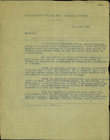 Σχέδιο επιστολής της Association Guillaume Bude προς τον Α. Διομήδη σχετικά με την έκδοση βυζαντινλης συλλογής με έργα όλων των βυζαντινών συγγραφέων.