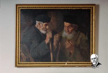 Ζωγραφικά πορτραίτα δύο Κρητικών γερόντων, του Μάρκου και Κοκόλη Μάντακα, έργο του Δημητρίου Κοκότση (1923), σε κορνίζα εποχής