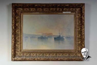 Θαλασσογραφία με πολεμικά πλοία στο λιμάνι της Θεσσαλονίκης κατά τον Α' Παγκόσμιο Πόλεμο, έργο του Ν. Καλογερόπουλου (1917), σε κορνίζα εποχής