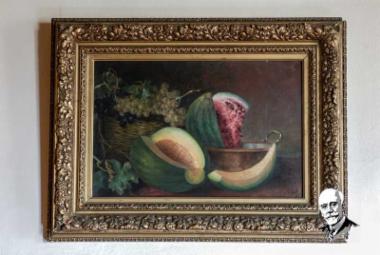 Ελαιογραφία με νεκρή φύση με φρούτα, έργο του [Τρόκλη], σε κορνίζα εποχής