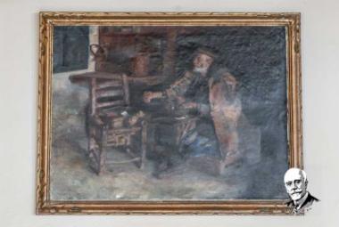 Ζωγραφικό έργο με Κρητικό γέροντα, έργο του Δημήτρη Κοκότση (1926), σε κορνίζα εποχής