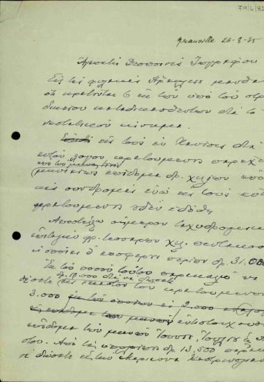 Επιστολή Ελευθερίου Βενιζέλου προς τη δεσποινίδα Ζωγράφου σχετικά με την αποστολή επιδόματος σε καταδικασθέντες για το κίνημα του 1935.
