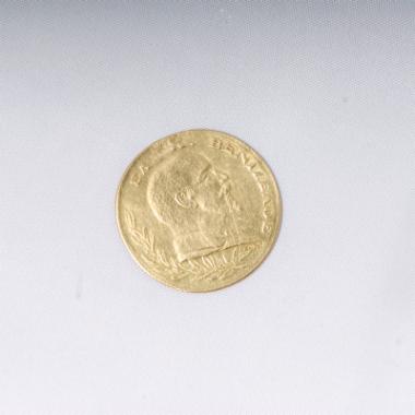 Νόμισμα χρυσό, δύο δουκάτα, με το πορτραίτο του Ελευθερίου Βενιζέλου και τον δικέφαλο αετό με το εθνόσημο και την αναγραφή 