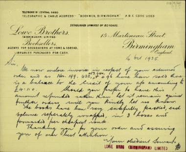 Επιστολή της Lowe Brothers Limited προς τον Ελ. Βενιζέλο σχετικά με παραγγελία του.