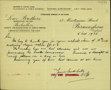 Επιστολή της Lowe Brothers Limited σχετικά με την παραλαβή χρημάτων και την αποστολή βιβλίων.