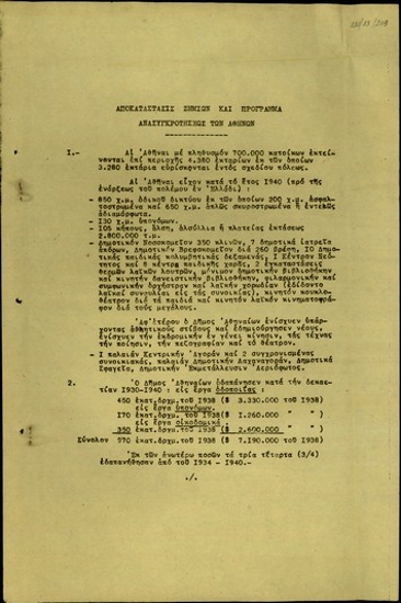 Έκθεση του γενικού διευθυντή των Τεχνικών Υπηρεσιών του Δήμου Αθηναίων, Ηλία Κρίμπα, σχετικά με την αποκατάσταση των ζημιών και το πρόγραμμα ανασυγκρότησης των Αθηνών.