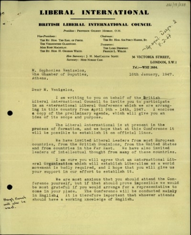 Επιστολή του MacCallum Scott προς τον Σ. Βενιζέλο με την οποία τον προσκαλεί στο Διεθνές Συνέδριο των Φιλελευθέρων.