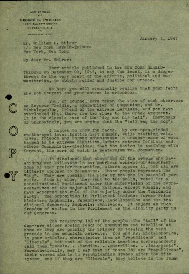 Επιστολή του G.E. Phillies προς τον William L. Shirer σχετικά με το άρθρο του στη New York Herald Tribune της 22ας Δεκεμβρίου 1946.