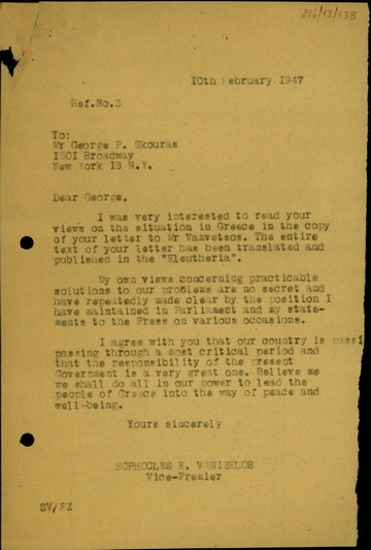 Επιστολή του Σ. Βενιζέλου προς τον Γ.Π. Σκούρα σχετικά με την κατάσταση στην Ελλάδα και τις προσπάθειες που γίνονται από την κυβέρνηση για ειρήνη και ευημερία του ελληνικού λαού.