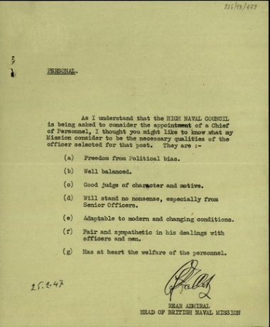 Σημείωμα του αρχηγού της Βρετανικής ναυτικής αποστολής Talbot προς τον Σ. Βενιζέλο σχετικά με τα προσόντα που θα πρέπει να έχει ο νέος Προσωπάρχης (ΓΕΝ).