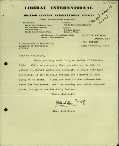Επιστολή του J.H. MacCallum Scott προς τον Σ. Βενιζέλο σχετικά με την αποστολή εκπροσώπου του κόμματός του στο Συνέδριο των Φιλελευθέρων.
