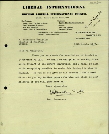 Επιστολή του J.H. MacCallum Scott προς τον Σ. Βενιζέλο σχετικά με τη συμμετοχή στη Διεθνή Διάσκεψη των Φιλελευθέρων του Ευάγγελου Αβέρωφ ως εκπροσώπου του Κόμματος των Βενιζελικών Φιλελευθέρων.