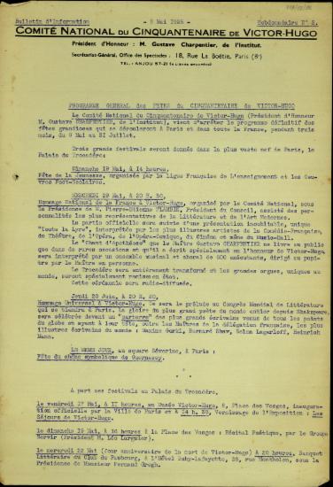 Ενημερωτικό δελτίο της Εθνικής Επιτροπής της πεντηκοστής επετείου από το θάνατο του Βίκτωρα Ουγκώ με το πρόγραμμα των εορταστικών εκδηλώσεων στο Παρίσι και τη Γαλλία κατά το διάστημα από 9 Μαΐου μέχρι 31 Ιουλίου 1935.