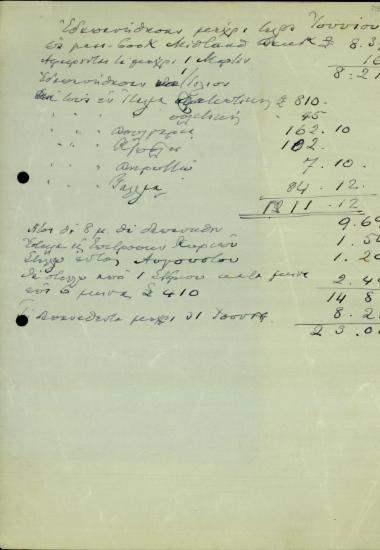 Χειρόγραφες σημειώσεις του Ε. Βενιζέλου σχετικά με τα χρηματικά ποσά που δαπανήθηκαν για τους παθόντες από το κίνημα του 1935.
