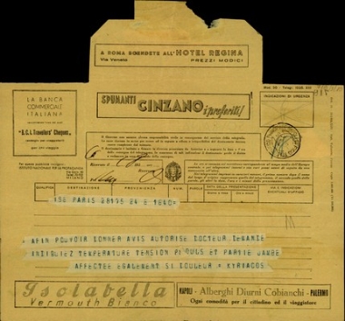 Τηλεγράφημα του Κυριάκου Βενιζέλου προς τον Σοφοκλή Βενιζέλο σχετικά με ένα ζήτημα υγείας.