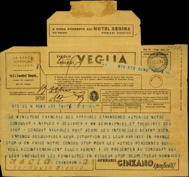 Τηλεγράφημα του Πρεσβευτή της Γαλλίας στη Ρώμη Ch. Chambrun προς την Έλενα Βενιζέλου σχετικά με θέματα που αφορούν στην άφιξη της κας Κεραμειανίδη και [Τρουλίρα] και άλλων προσώπων στη Γαλλία.