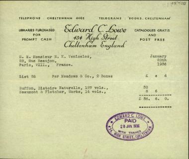 Απόδειξη της Edward C. Lowe προς τον Ελ. Βενιζέλο σχετικά με την εξόφληση λογαριασμού του..