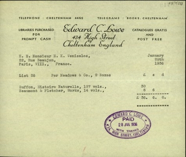 Απόδειξη της Edward C. Lowe προς τον Ελ. Βενιζέλο σχετικά με την εξόφληση λογαριασμού του..