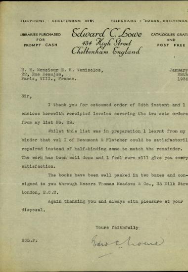 Επιστολή του Edward C. Lowe προς τον Ελ. Βενιζέλο σχετικά με την τελευταία του παραγγελία.